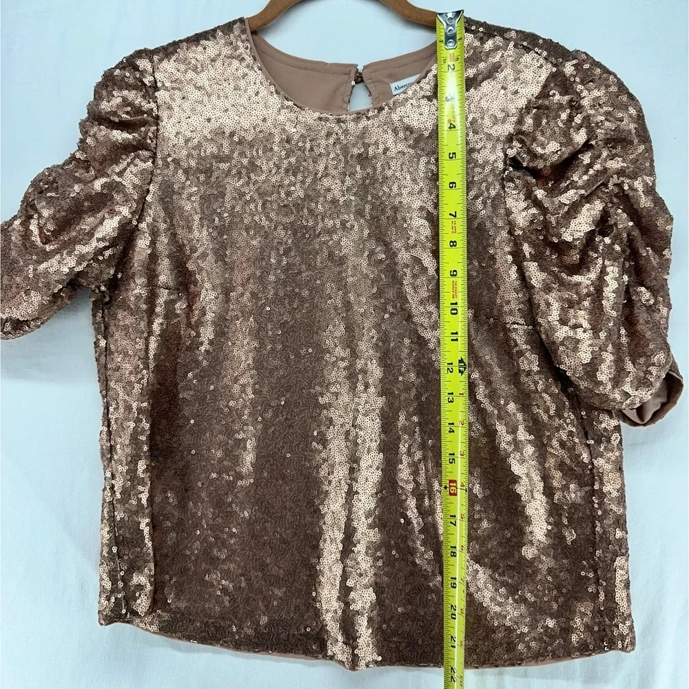 Abercrombie & Fitch Sequin Puff Sleeve Top Rose Gold Bronze Metallic Medium NEW